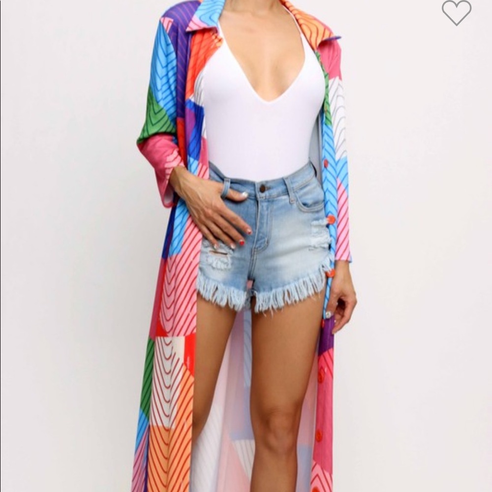 Multi colored button up kimono long sleeve with 3%stretch very pretty